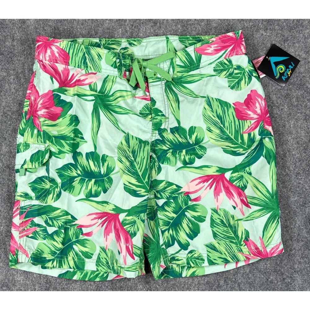 Kanu Surf Womens L 14 Mint Green Pink Tropical Floral Hibiscus Board Shorts NWT